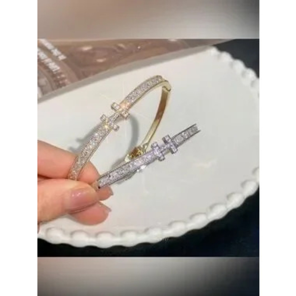 Silver Stainless Steel CZ Bangle Bracelet - Sparkling H Dainty - Picture 5 of 5